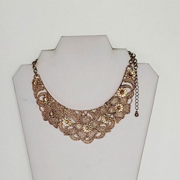 A Panel Choker Bib Necklace Gold Tone Floral Steampunk Fairy Core Romantic - Picture 1 of 9
